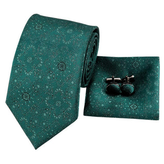 Green Floral Silk Necktie Pocket Square Cufflinks Set