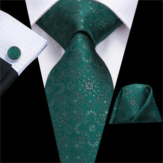 Green Floral Silk Necktie Pocket Square Cufflinks Set