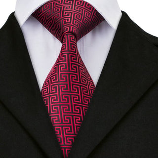 Red Black Novelty Pattern Silk Necktie Pocket Square Cufflinks Set