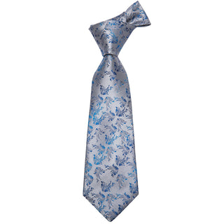 Silver Grey Blue Floral Silk Necktie Pocket Square Cufflinks Set