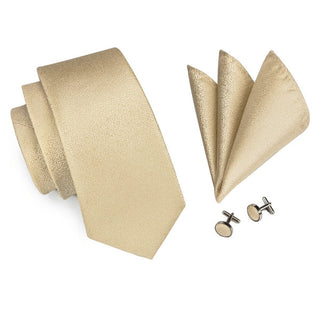 Golden Novelty Pattern Silk Necktie Pocket Square Cufflinks Set