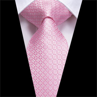 Classic Pink Plaid Silk Necktie Pocket Square Cufflinks Set