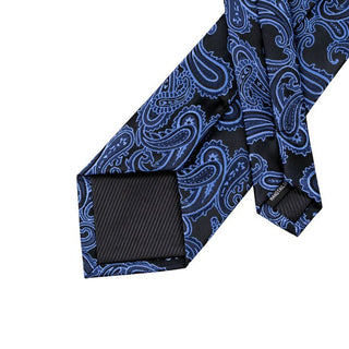 Dark Blue Paisley Silk Necktie Pocket Square Cufflinks Set