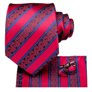 Paisley Red Striped Silk Necktie Pocket Square Cufflinks Set