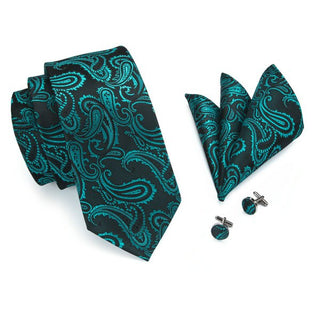 Luxury Green Paisley Silk Necktie Pocket Square Cufflinks Set