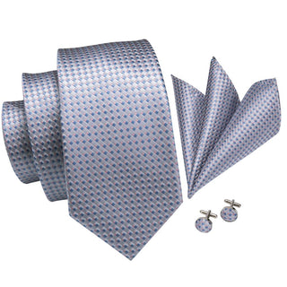 Grey Blue Novelty Pattern Silk Necktie Pocket Square Cufflinks Set