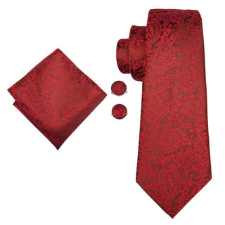 Red Floral Silk Necktie Pocket Square Cufflinks Set
