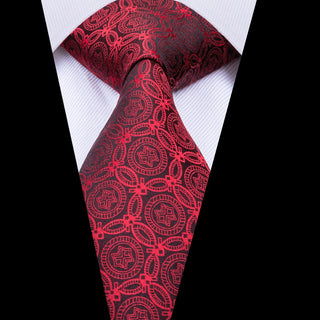 Red Fashion Floral Silk Necktie Pocket Square Cufflinks Set