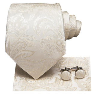 Cream Colour Paisley Floral Silk Necktie Pocket Square Cufflinks Set