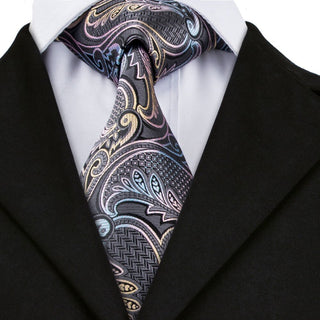 Dark Grey Paisley Silk Necktie Pocket Square Cufflinks Set