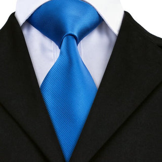 Luxury Solid Blue Silk Necktie Pocket Square Cufflinks Set