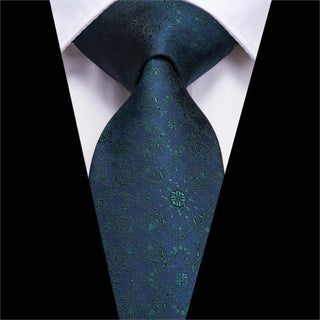 Dark Blue Floral Silk Necktie Pocket Square Cufflinks Set