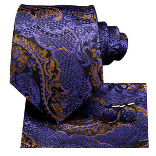Violet Floral Silk Necktie Pocket Square Cufflinks Set