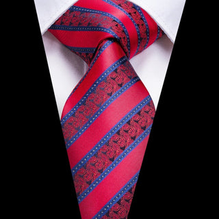 Paisley Red Striped Silk Necktie Pocket Square Cufflinks Set
