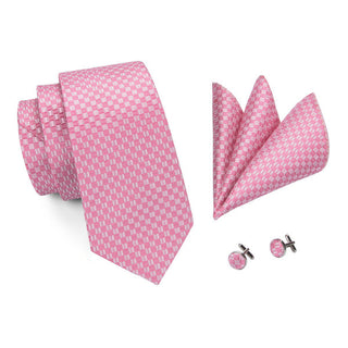 Pink White Plaid Silk Necktie Pocket Square Cufflinks Set