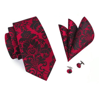 Dark Red Black Floral Silk Necktie Pocket Square Cufflinks Set
