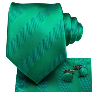 Solid Green Plaid Striped Silk Necktie Pocket Square Cufflinks Set