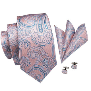 Light Blue Pink Paisley Silk Necktie Pocket Square Cufflinks Set