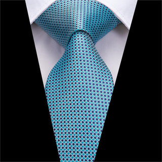 Sky Blue Plaid Dot Design Silk Necktie Pocket Square Cufflinks Set