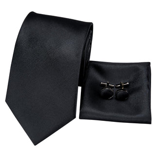 Solid Black Silk Necktie Pocket Square Cufflinks Set