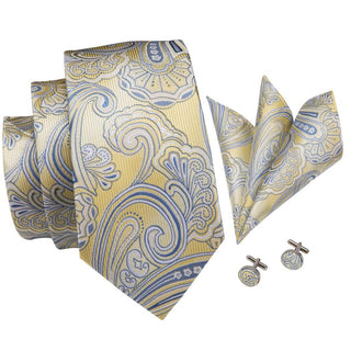 Floral Paisley Yellow Gold Silk Necktie Pocket Square Cufflinks Set