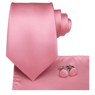 Solid Coral Pink Silk Necktie Pocket Square Cufflinks Set