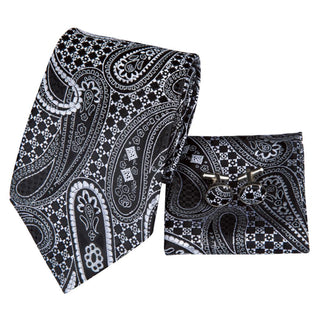 Classic Casual Style Black Silk Necktie Pocket Square Cufflinks Set