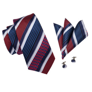 New Classic Red Blue Silk Necktie Pocket Square Cufflinks Set