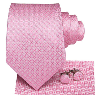 Classic Pink Plaid Silk Necktie Pocket Square Cufflinks Set