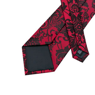 Dark Red Black Floral Silk Necktie Pocket Square Cufflinks Set