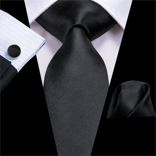 Solid Black Silk Necktie Pocket Square Cufflinks Set