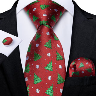 Solid Red Christmas Tree Toys Silk Necktie Pocket Square Cufflinks Set