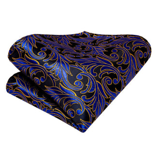 Navy Blue Gold Floral Silk Necktie Pocket Square Cufflinks Set