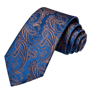 Gold Navy Blue Paisley Silk Men's Necktie Pocket Square Cufflinks Set