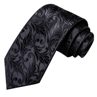 Black Floral Solid Silk Necktie Pocket Square Cufflinks Set