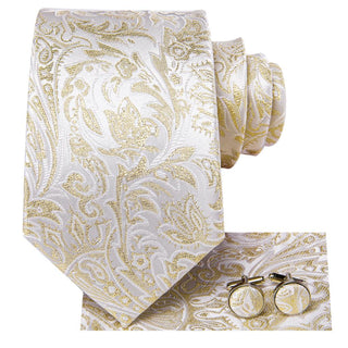 Light Champagne Floral Silk Necktie Pocket Square Cufflinks Set