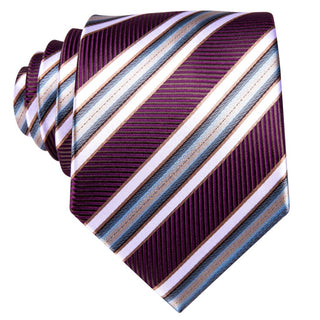 Purple White Striped Silk Necktie Pocket Square Cufflinks Set