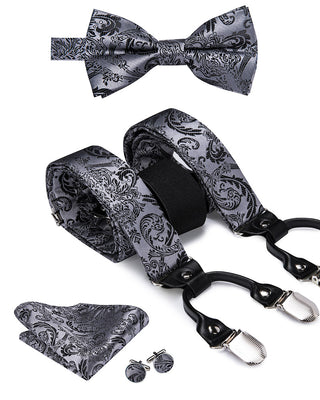 Silver Grey Paisley Brace Clip-on Men's Suspenders with Bow Tie Set