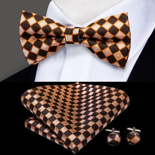 Brown Squared Brace Clip-on Men's Suspender with Bow Tie Set