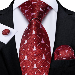 Red Christmas Tree Silk Necktie Pocket Square Cufflinks Set