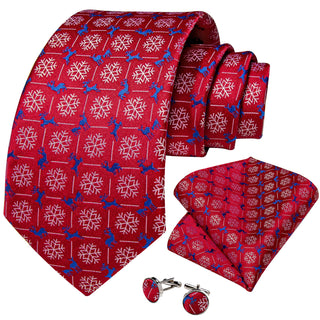 Red Snowflake Elk Christmas Silk Necktie Pocket Square Cufflinks Set