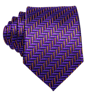 Purple Gold Striped Silk Necktie Pocket Square Cufflinks Set