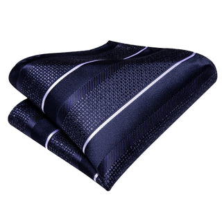 Navy Blue White Striped Silk Necktie Pocket Square Cufflinks Set