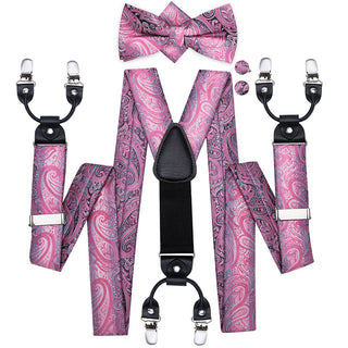 Pink Paisley Brace Clip-on Men's Suspenders with Bow Tie Set