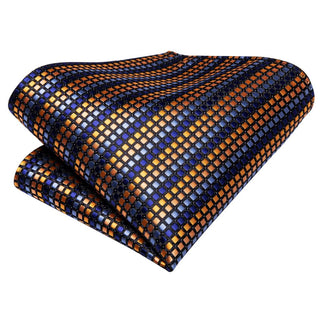 Gold Blue Striped Silk Necktie Pocket Square Cufflinks Set