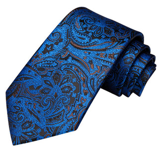 Black Navy Blue Paisley Silk Necktie Pocket Square Cufflinks Set