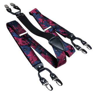 Red Blue Floral Paisley Brace Clip-on Men's Suspenders with Bow Tie Set