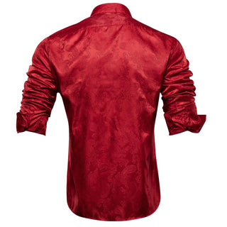 Red Wine Solid Paisley Silk Long Sleeve Shirt