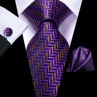 Purple Gold Striped Silk Necktie Pocket Square Cufflinks Set