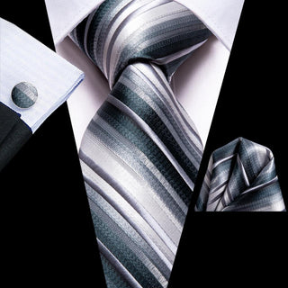 Black White Striped Silk Necktie Pocket Square Cufflinks Set